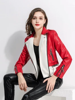 Тонкая Женская Красно-белая куртка из искусственной кожи Contast, весна-Осень, Модная Уличная одежда, мотоциклетное пальто в стиле пэчворк с высокой талией