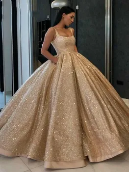 Блестящие Пышные Платья С Золотыми Блестками 2023 Принцесса С Карманом, Пышное Милое 16 Выпускное Вечернее Бальное Платье Vestidos De 15 Anos