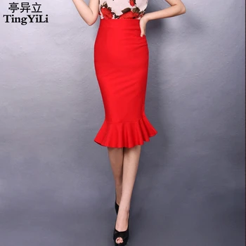 Женская длинная официальная юбка TingYiLi, красно-черная юбка-русалка, офисная юбка-карандаш
