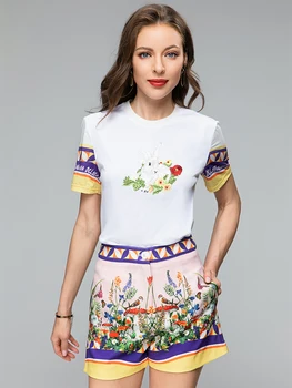 Модный дизайнерский костюм MoaaYina, Летний Женский Топ с короткими рукавами и вышивкой белого кролика + Шорты с цветочным принтом, комплект из двух предметов