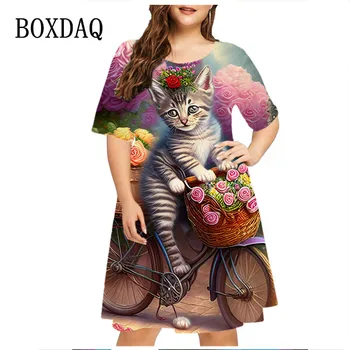 Забавное женское платье с милым котом, Элегантное милое повседневное Уличное платье трапециевидной формы с коротким рукавом, Летнее модное платье в байкерском стиле с цветочным принтом, Большие размеры