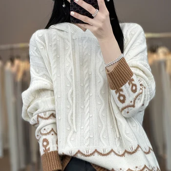 Для отдыха высококачественный 100% кашемировый шерстяной свитер женский пуловер 23 новых вязаных длинных рукава женский кашемировый свитер с капюшоном 2 цвета