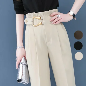 Женские офисные брюки Лето-Осень, Корейская мода, Эластичные повседневные прямые брюки с высокой талией, Женские брюки