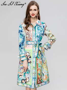 Seasixiang Модный Дизайнерский осенний тренч с длинными рукавами, женская Однобортная верхняя одежда на шнуровке с принтом в стиле барокко, Винтажная верхняя одежда