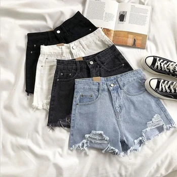 Повседневные джинсовые шорты с высокой талией, женские летние джинсы с карманами и кисточками, Рваные джинсы с дырками, Короткие женские Женские Короткие брюки