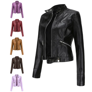 2021 Женская куртка из искусственной кожи, женское однотонное байкерское пальто на молнии с поясом, женские повседневные кожаные куртки, весенне-осенняя верхняя одежда