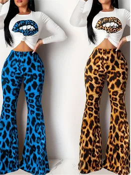Articat, Сексуальные расклешенные брюки с леопардовым рисунком, Комплект из двух предметов, Женский облегающий топ с длинным рукавом и принтом, Эластичные облегающие брюки, Комплект Уличных