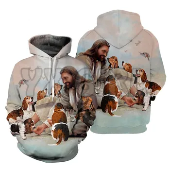 Иисус в окружении Бассета, толстовки с 3D принтом, мужские и женские пуловеры Унисекс, толстовка с забавной собакой, повседневный уличный спортивный костюм