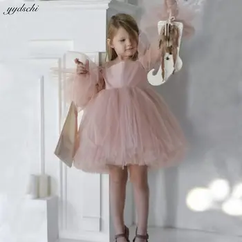 Короткое Розовое Платье с Пышными рукавами для Девочек в цветочек на Свадьбу 2023, День Рождения Малыша, Пышное Бальное Платье, Платья Для Первого Причастия С Бантом