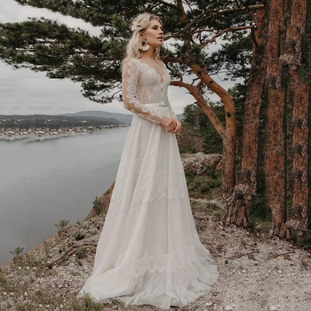 Модное Кружевное свадебное платье с длинным рукавом, иллюзия Прозрачной шеи, аппликации, Свадебное платье Трапециевидной формы из тюля, Vestido De Noiva, Шлейф для женщин