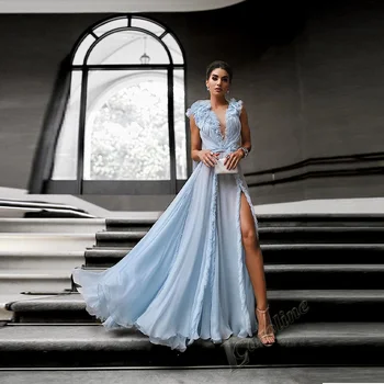 Вечернее платье Caroline Небесно-Голубого цвета 2022, Высококачественное шифоновое Свадебное платье для гостей с открытой спиной, платья для выпускного вечера с разрезом сбоку, сшитое на заказ