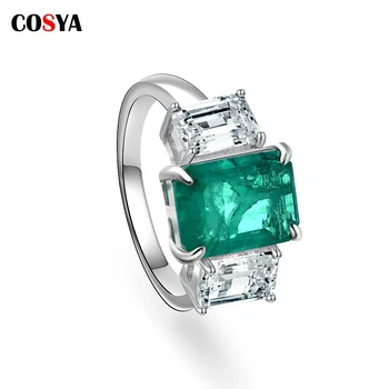 Женские кольца из стерлингового серебра 925 пробы COSYA с высоким содержанием углерода и бриллиантами, Зеленое кольцо, Кольцо с синтетическим изумрудом, Женский Свадебный ювелирный подарок
