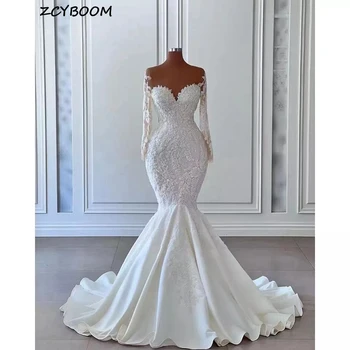 2023 Роскошные свадебные платья русалки Элегантное платье невесты с длинными рукавами, иллюзия бисероплетения, блестки, кружево, Vestido De Novia, свадебное платье