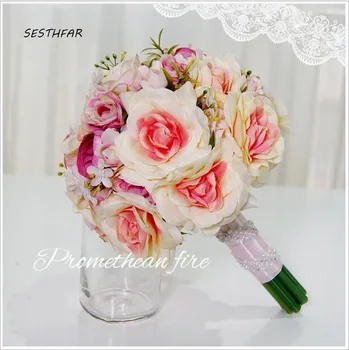 Искусственный красный свадебный букет из полиэстеровых роз, подставка для цветов, свадебные букеты, аксессуары для подружек невесты SPH080