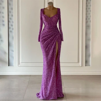 Фиолетовые блестящие Вечерние платья Русалки с V-образным вырезом и короткими рукавами, облегающее блестящее платье для выпускного вечера, Сексуальные вечерние платья знаменитостей с высоким разрезом сбоку