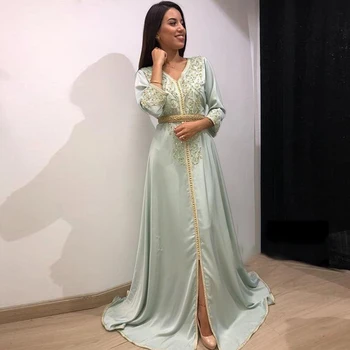 Вечернее платье Eightale Dubai, Кафтан с V-образным вырезом, Расшитый бисером, Длинные Рукава, Атласный Золотой Пояс, Мусульманское Арабское Платье для Выпускного Вечера, Вечернее Платье robe de soire