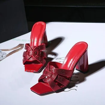 Кожаные тапочки на высоком массивном каблуке со стразами, роскошное платье, женские тапочки с открытым носком, женская обувь 2023 г.