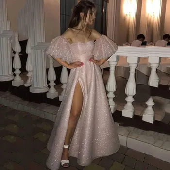 Блестящее розовое платье для выпускного вечера с открытыми плечами, с разрезом сбоку, длиной до пола, Вечерние платья для официальных вечеринок без спинки