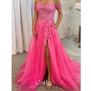 Платье для выпускного вечера с кружевной вышивкой Cathy, Платье Принцессы с открытыми плечами, Тюлевые Вечерние Платья Трапециевидной формы, Тюлевый Шлейф, Vestidos De Noche