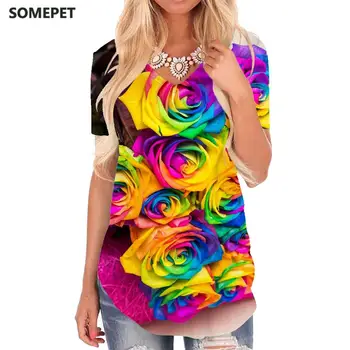 SOMEPET Красочная футболка, Женские футболки с цветами, 3D Креативная футболка с V-образным вырезом, Художественные Футболки с принтом, Женская одежда в стиле Хип-хоп, крутая