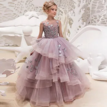 Платья с цветочным узором для девочек на свадьбу, Принцесса с бабочкой, Кружевное платье с аппликацией, Винтажное платье для Первого Причастия для девочек