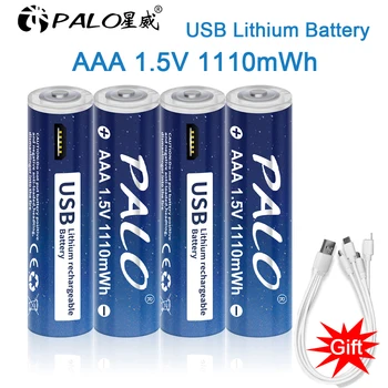 PALO 1,5 В AAA Литий-ионный Аккумулятор 1110 МВтч Литий-полимерный USB-Аккумуляторная Литиевая USB-батарея AAA + USB-кабель